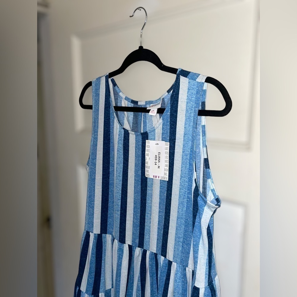 LuLaRoe Women’s Medium Eliana Tiered Tank Top • Blue Vertical Stripes Sleeveless - Picture 2 of 13
